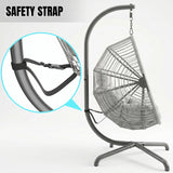 [Grey] Hanging chair with safety strap feature on a white background