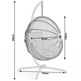[Grey] Measurement chart of a hanging chair with dimensions labeled.