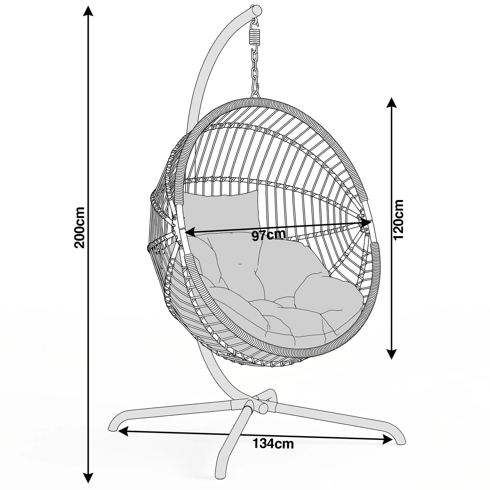 [Grey] Measurement chart of a hanging chair with dimensions labeled.