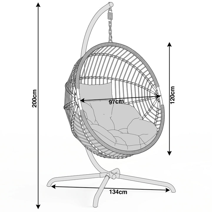 [Grey] Measurement chart of a hanging chair with dimensions labeled.