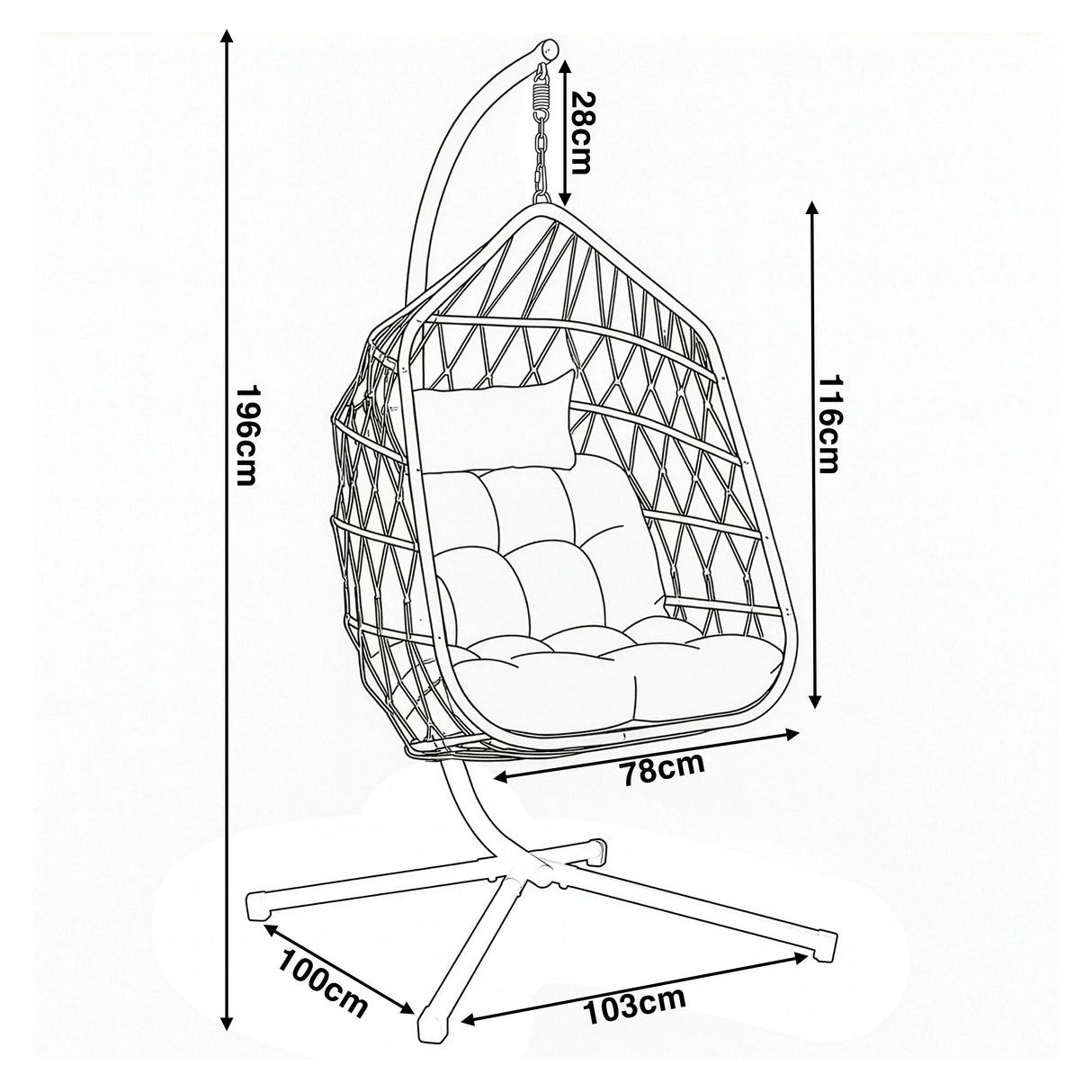 A size guide for the egg chair with stand, showing ideal dimensions for comfort and style in both indoor and outdoor spaces.