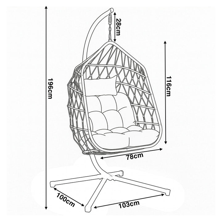[Black] Line drawing of foldable hanging egg chair labelled 196cm, 116cm, 78cm, 28cm and 100x103cm base