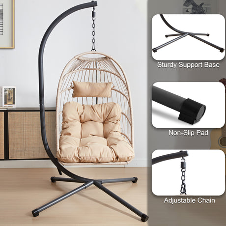 Egg chair with cushion, non-slip pad, adjustable chain, & sturdy support base for comfort.