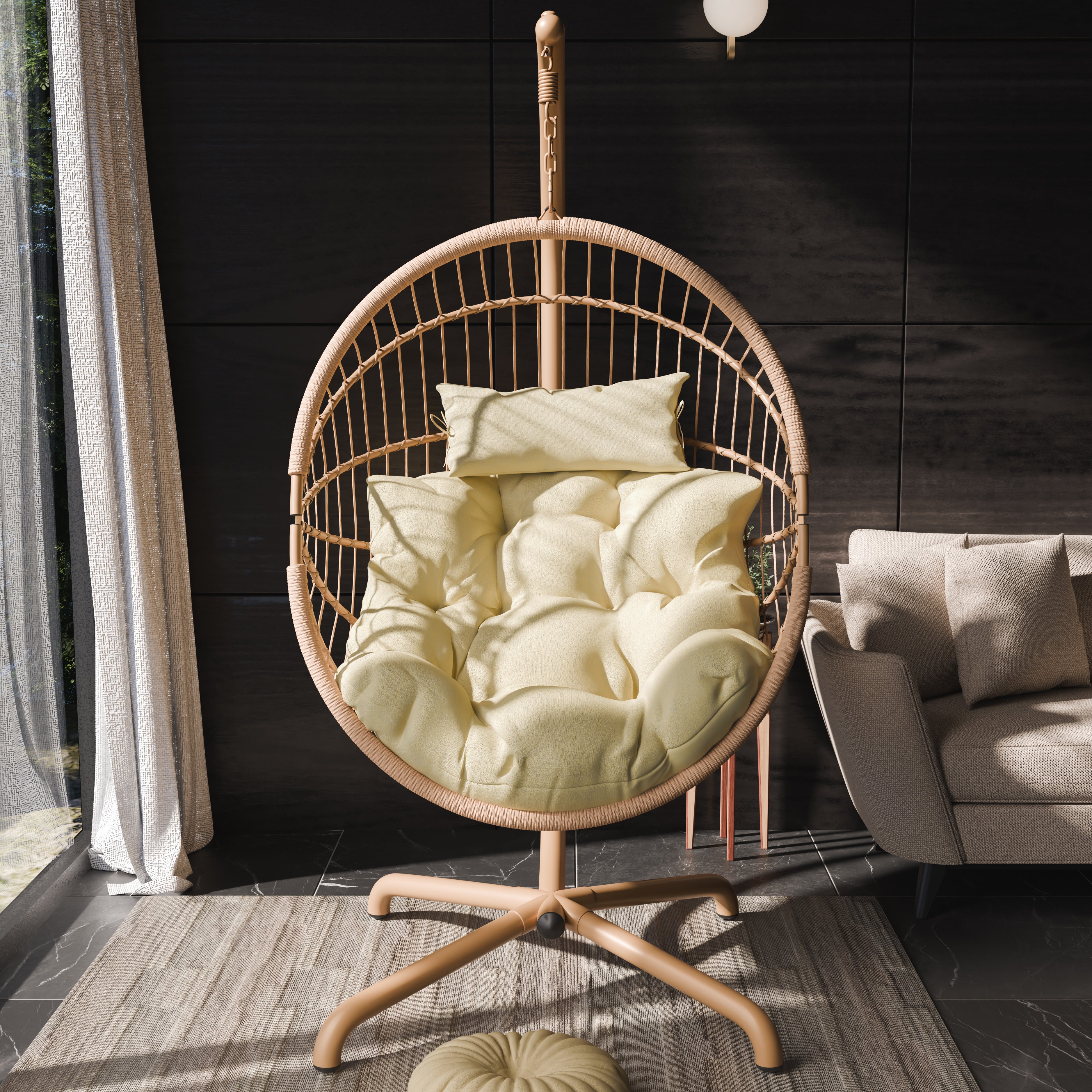 Stylish egg chairs hanging with beige cushions, sturdy base, and indoor modern decor setting.