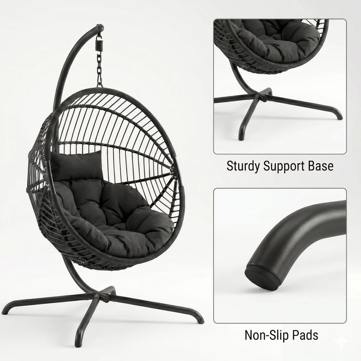 [Black] hanging chair with cushioned seat on a white background, featuring sturdiness and non-slip pad details