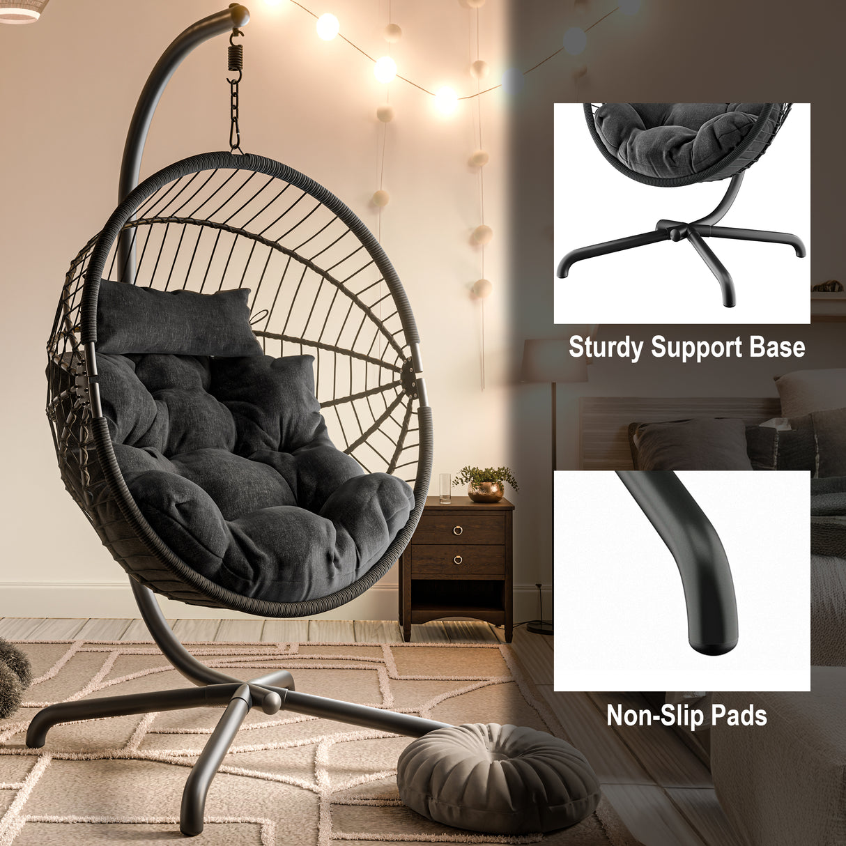 Egg hanging chair with sturdy support base, non-slip pads, and black cushions for indoor use.