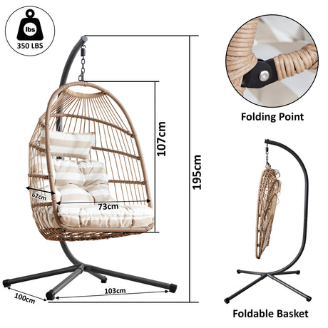 egg shape garden chairs with striped cushions, foldable basket, and sturdy stand design.