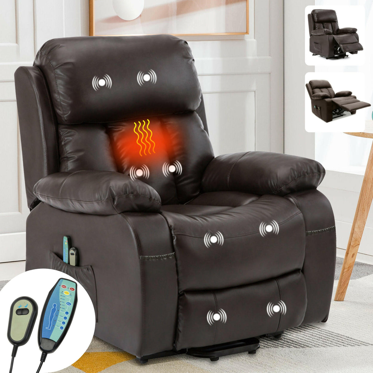 Electric armchair recliner with massage and heating functions, black leather design.