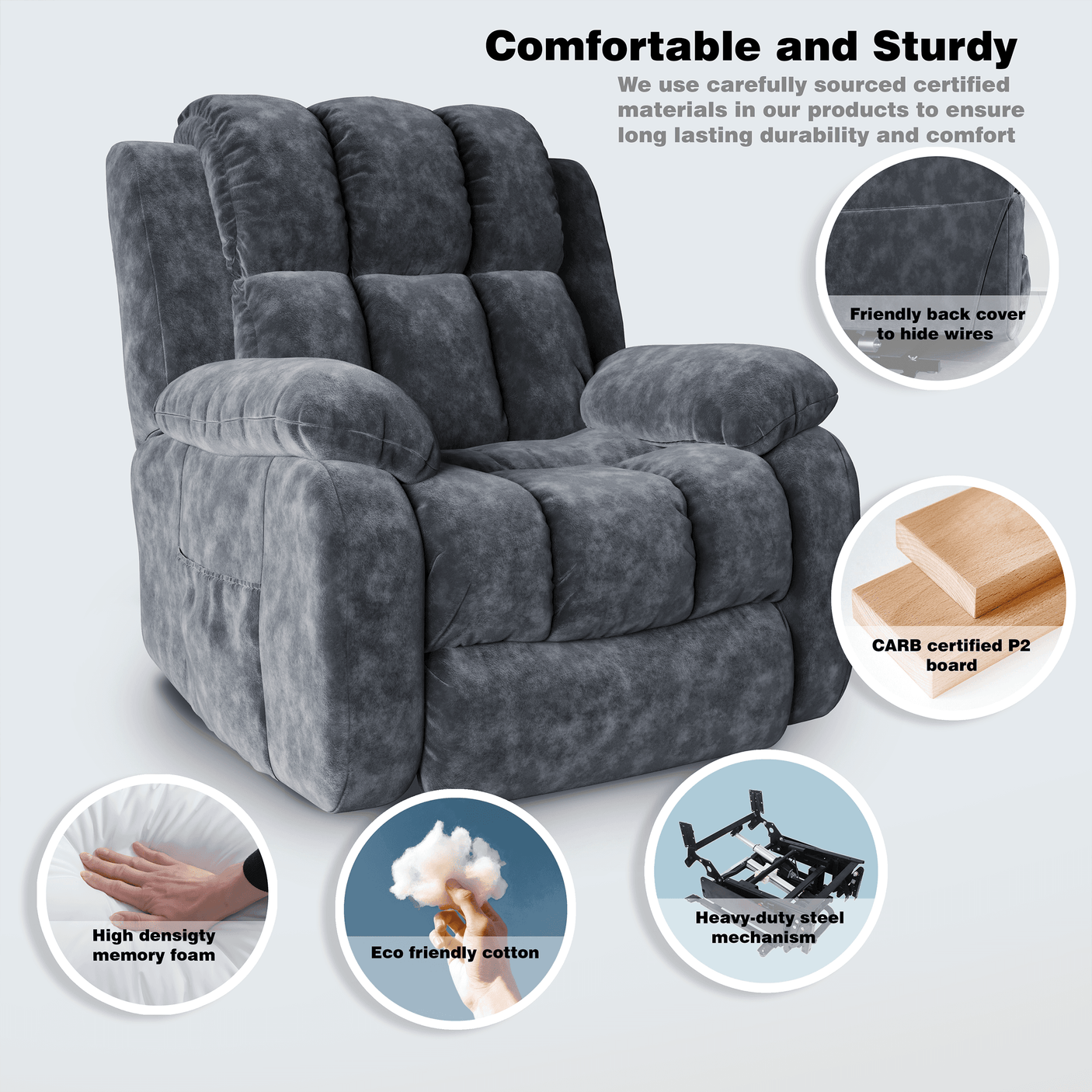 Comfortable and sturdy velvet recliner chair with eco-friendly cotton, high-density memory foam, and heavy-duty steel frame for long-lasting use.