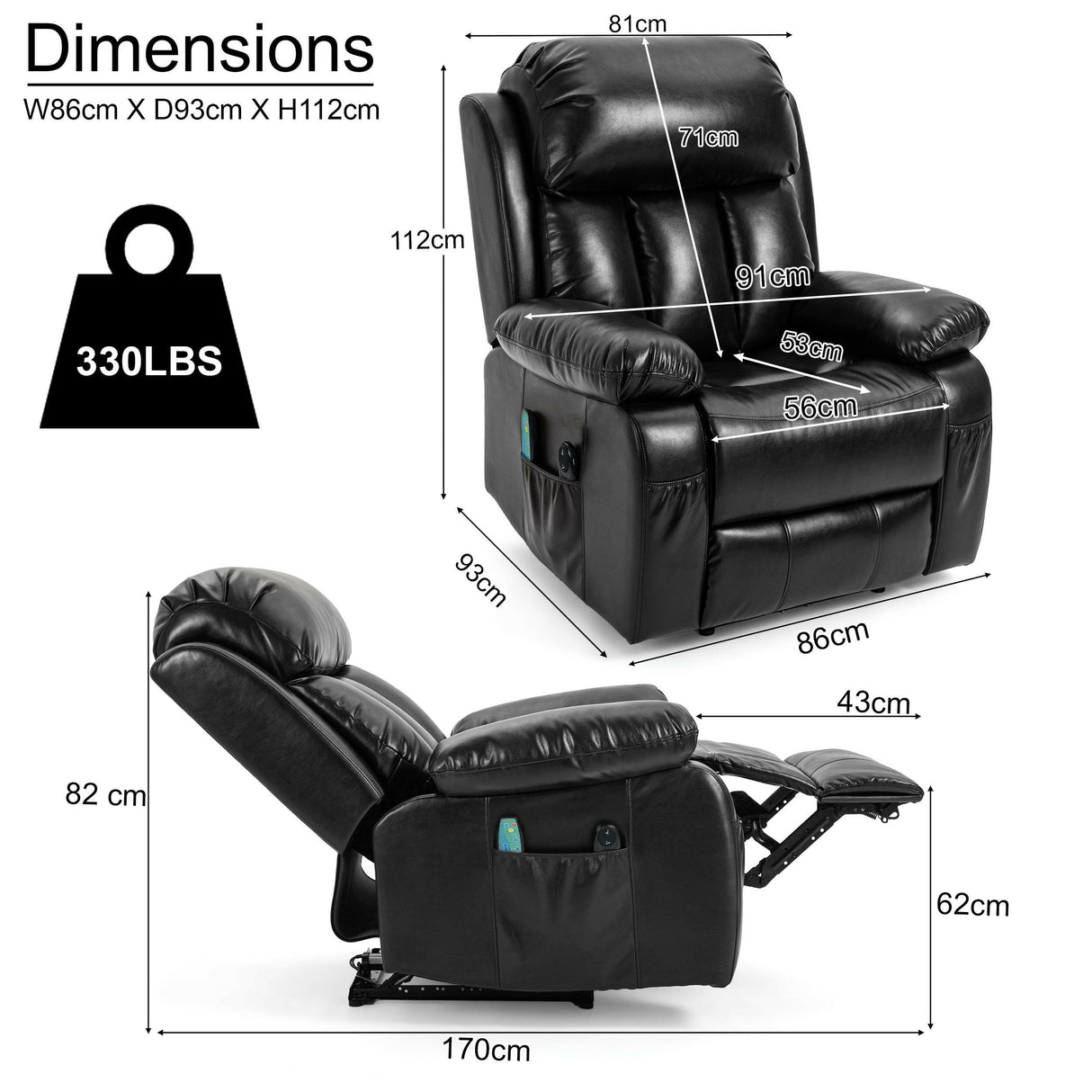 Dimensions of black electric armchair recliner with side pockets and padded cushions.