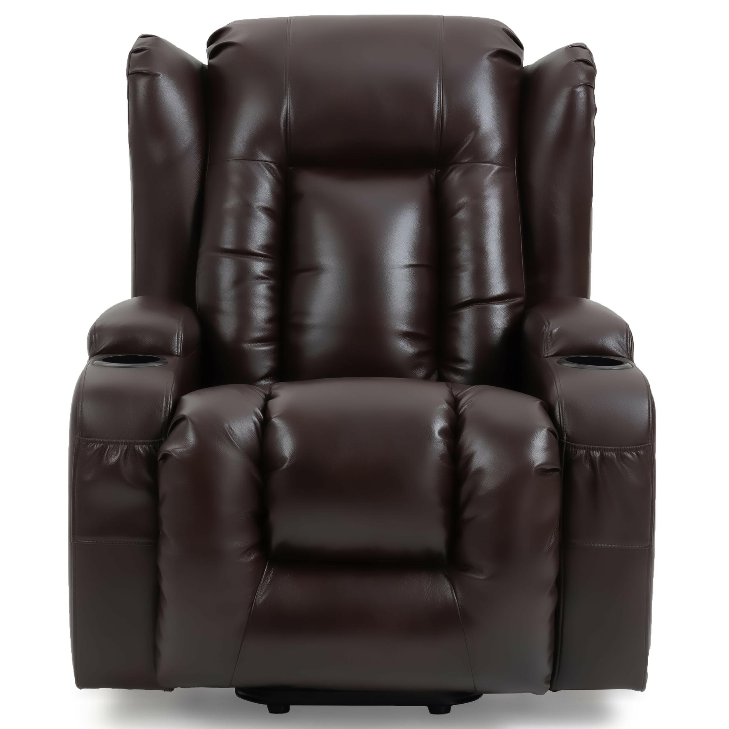 Electric leather recliner chairs with padded armrests and cup holders.