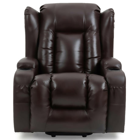 Electric leather recliner chairs with padded armrests and cup holders.