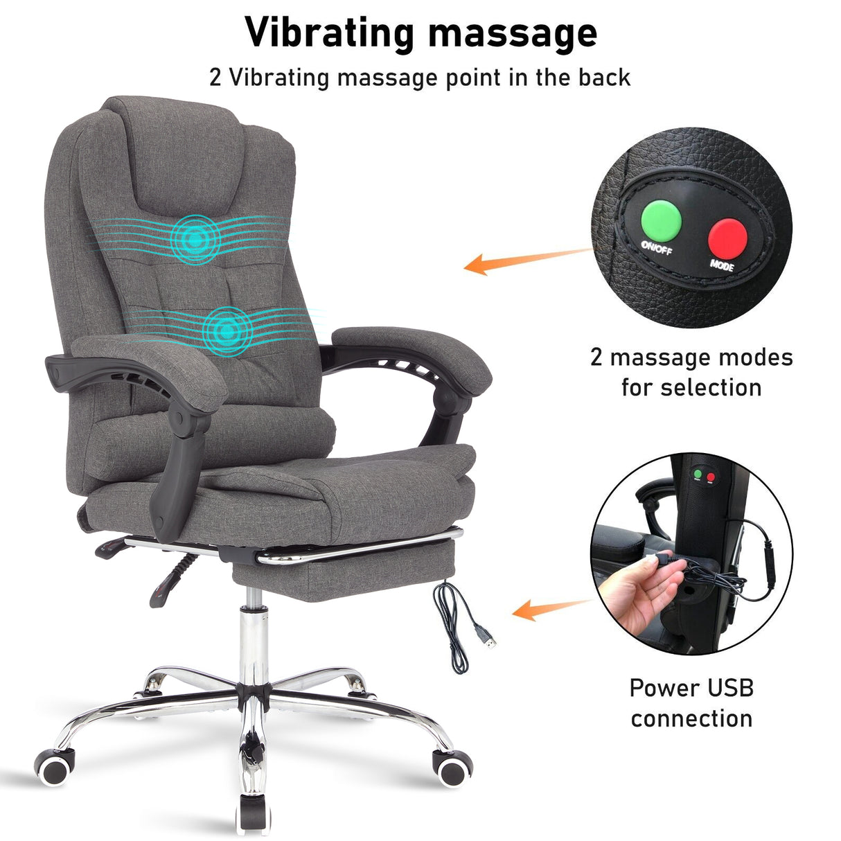 Electric massage office chair with vibrating massage and power USB connection for comfort.