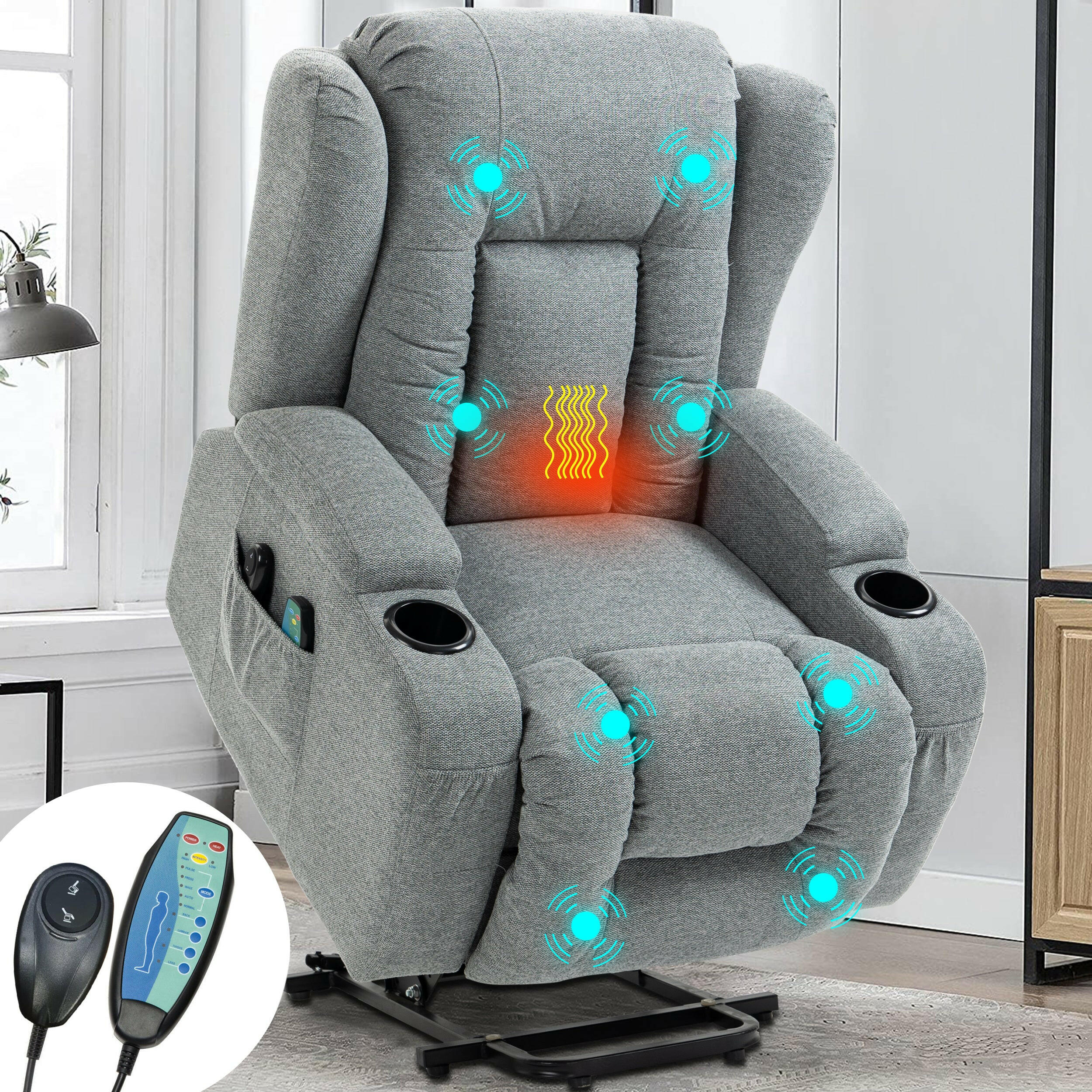 Grey electric power recliner chairs with heat and massage features, remote control.