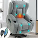 Grey electric power recliner chairs with heat and massage features, remote control.