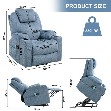 Electric recliner and riser chairs with dimensions labeled, featuring ergonomic design.