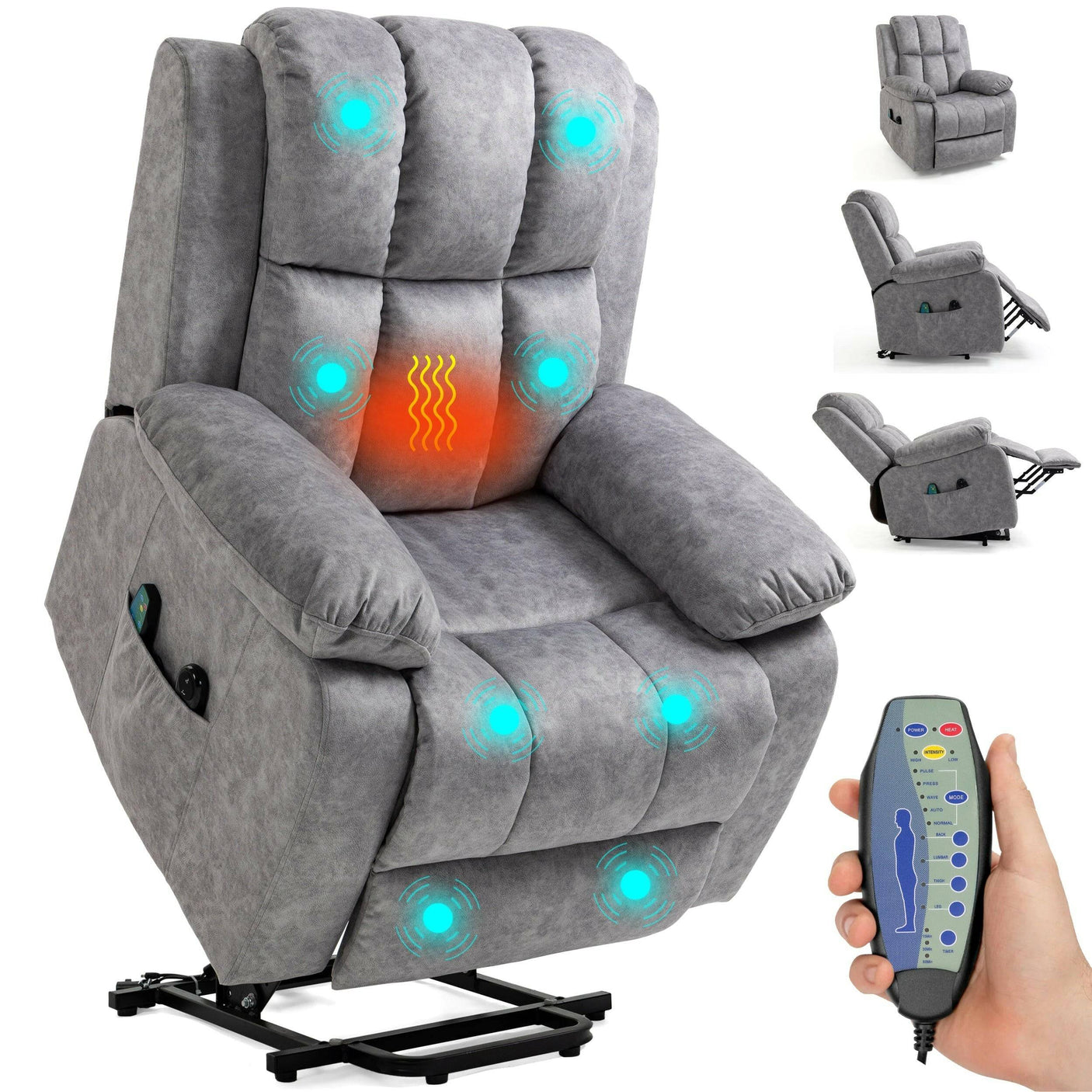 Light grey velvet massage recliner chair with heat and vibration zones, remote control, and electric lift for elderly or therapeutic use.