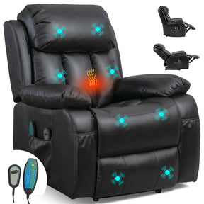 Electric recliner chair with heat and 8-point massage in black PU leather, ideal for elderly comfort and relaxation. Includes remote control and side pockets.