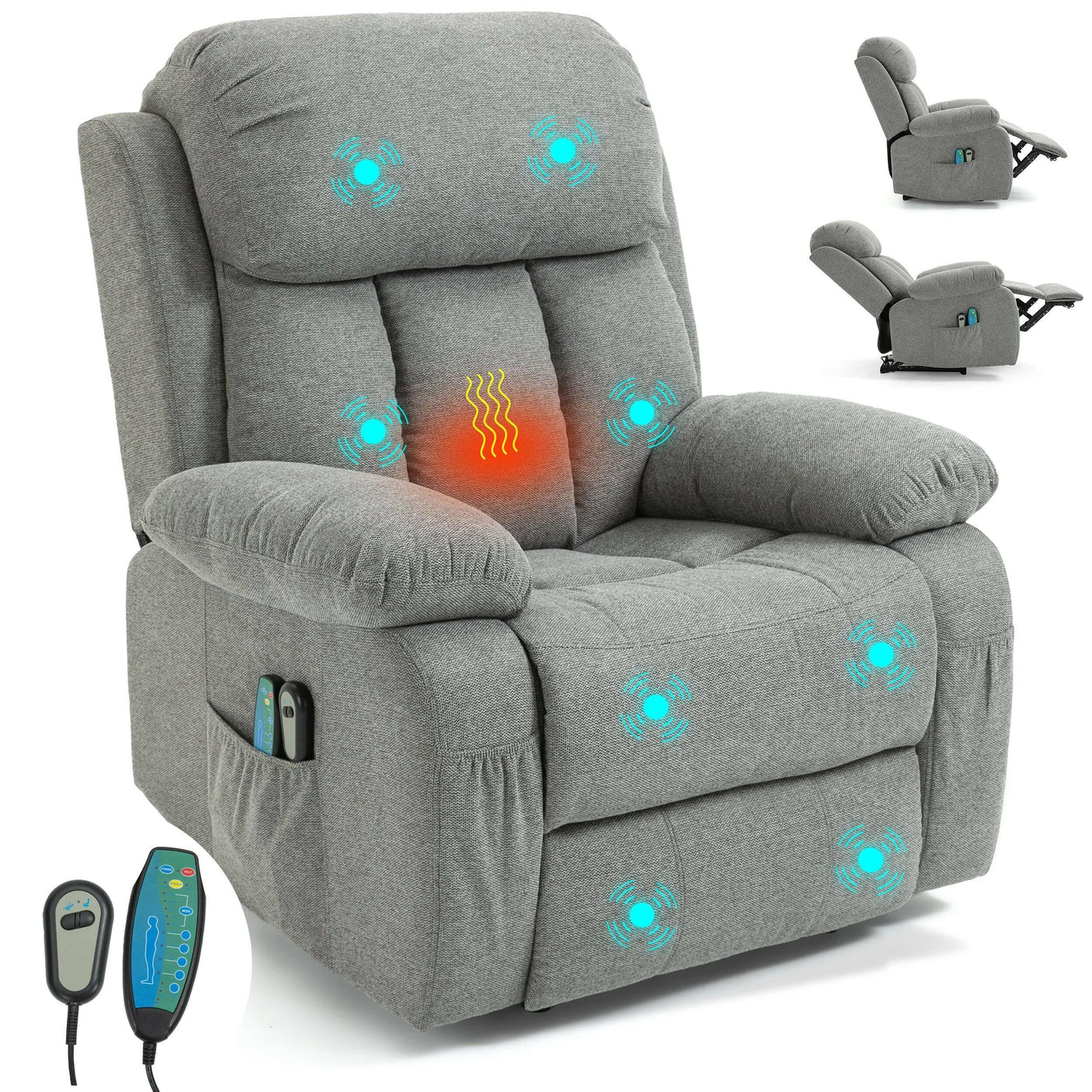 Fabric recliner chair with heat and massage featuring 8 vibration points, lumbar heating, and remote control. Ideal for living room relaxation.