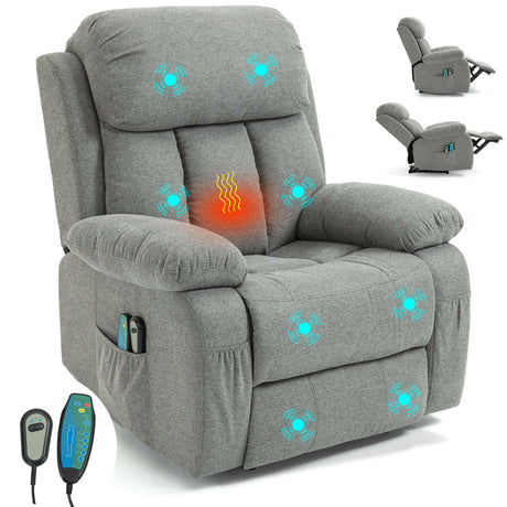 Electric recliner chair with heat and massage in grey fabric, featuring remote control.