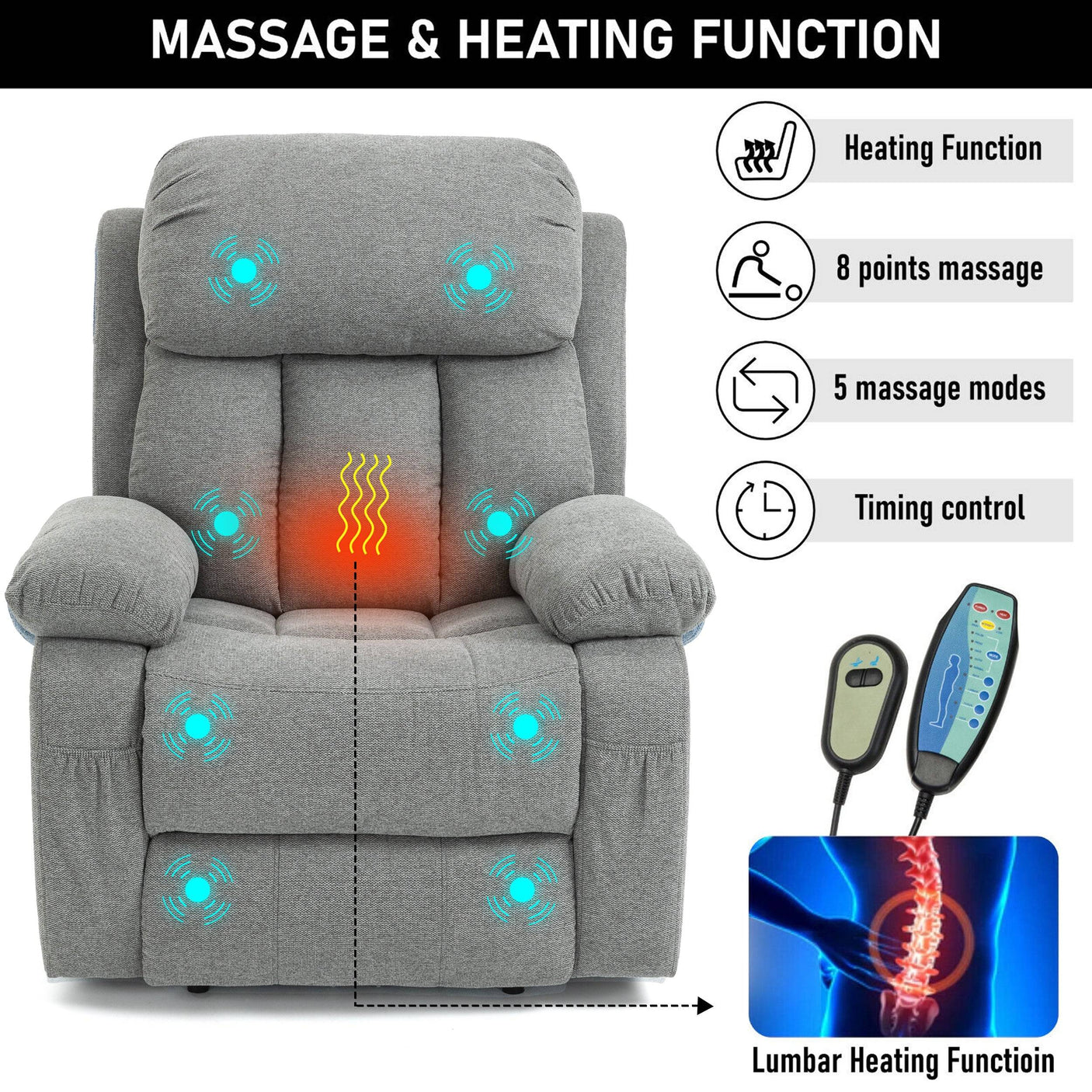 Massage and heating recliner chair with 8-point massage, lumbar heat, 5 massage modes, and timer. Includes ergonomic remote control.