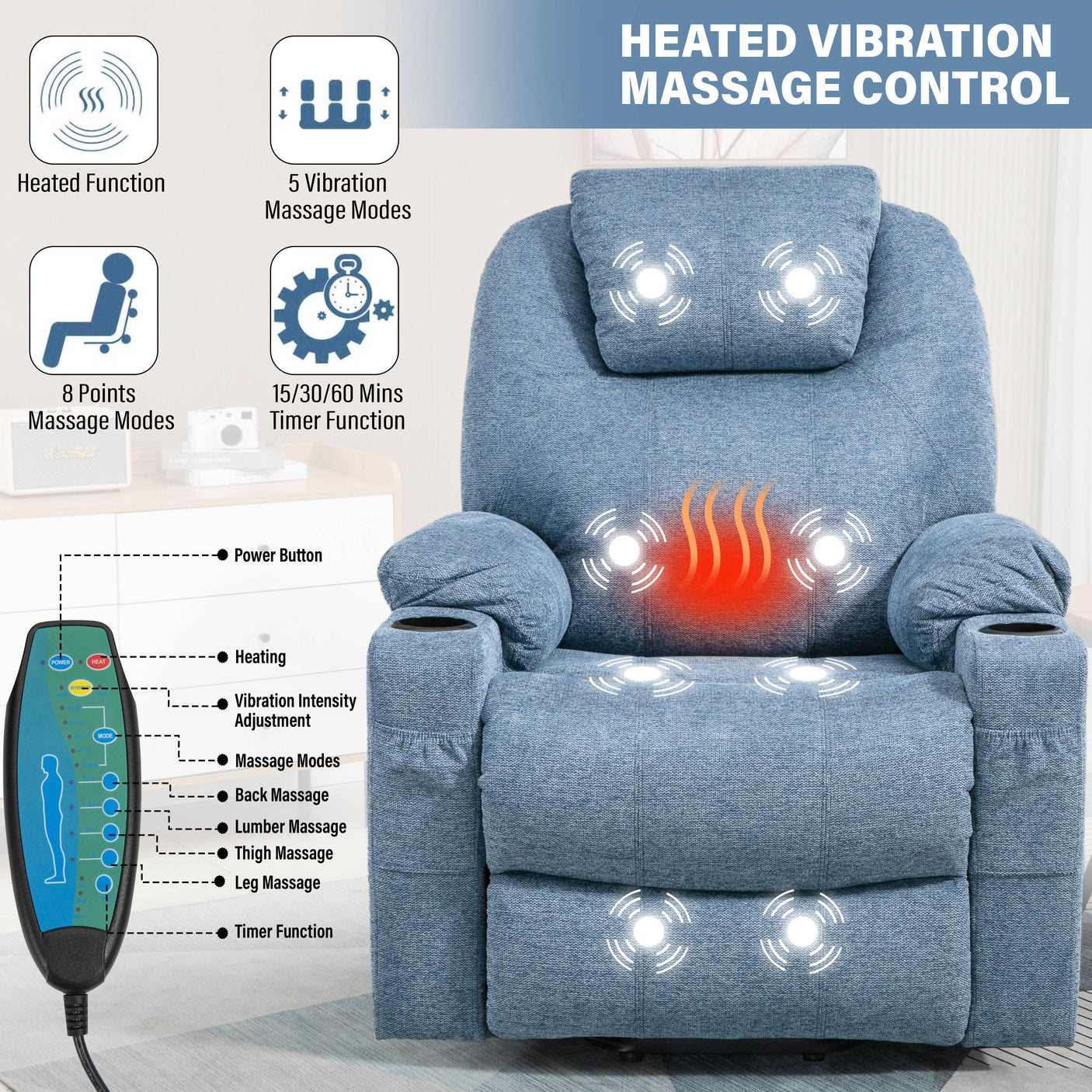 Blue massage recliner chair with heat and 8-point vibration zones, remote-controlled with timer and intensity settings.