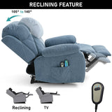 Blue fabric armchair with reclining feature adjustable from 105° to 140°, ideal for TV or relaxation. Includes remote for easy control.