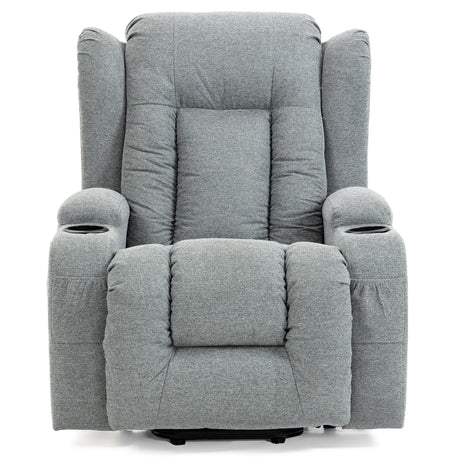 Grey fabric electric recliner riser chairs with cup holders, designed for comfort and ease of use.