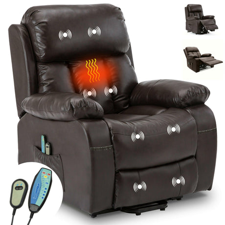 Electric reclining armchair with massage, heating, and remote control, brown leather.