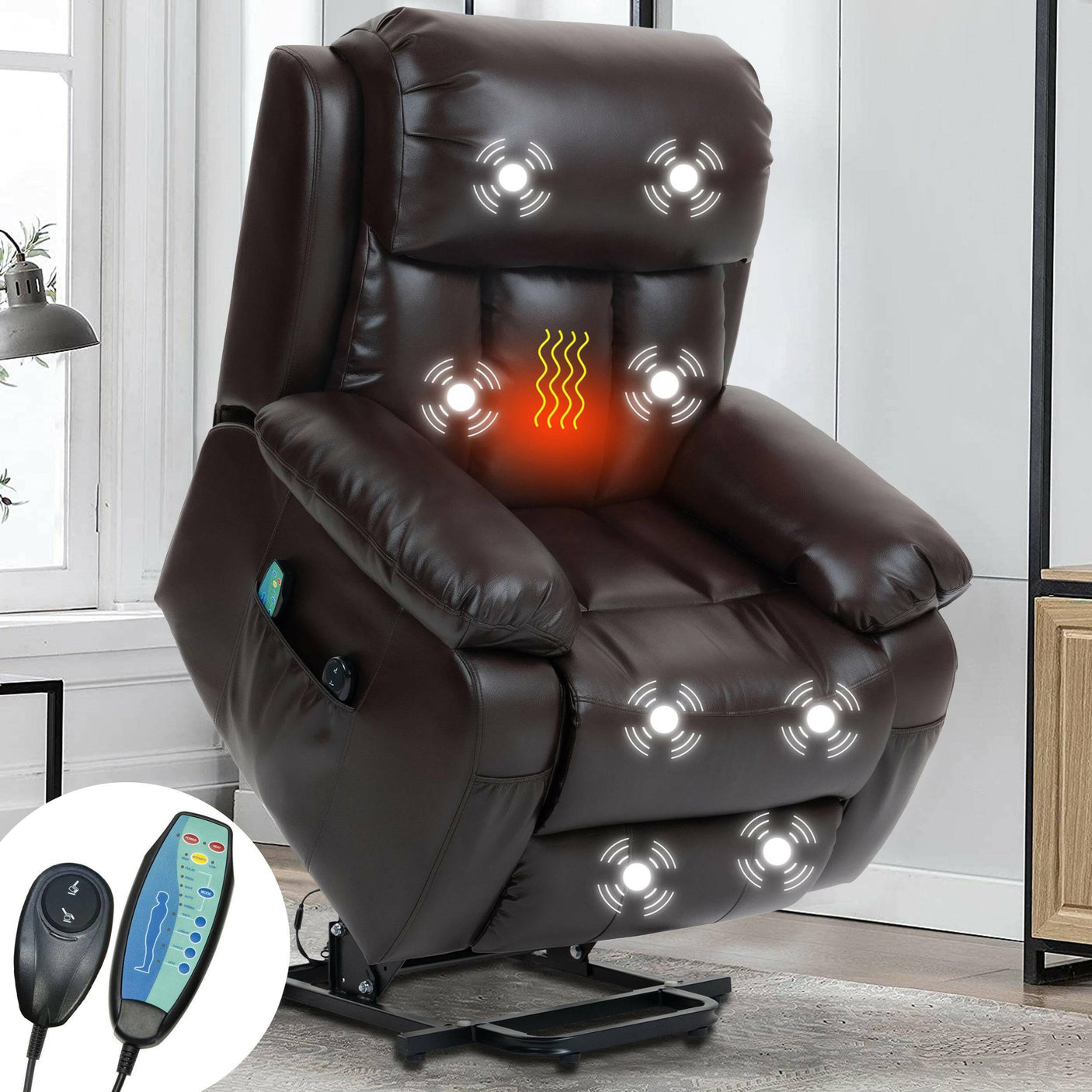 Brown electric riser recliner armchair with heat and massage, featuring 8 massage points and lift-up support for elderly users.