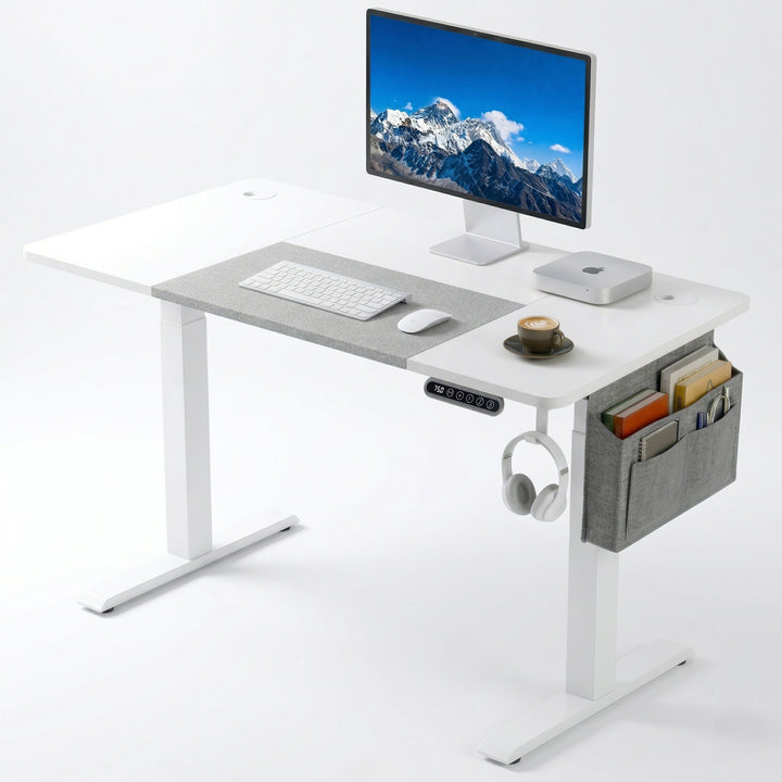 [110cm x 60cm] Electric Standing Desk Height Adjustable White Office Desk featuring a sleek digital control panel, integrated grey desk mat, side storage pocket, headphone hook, and computer setup