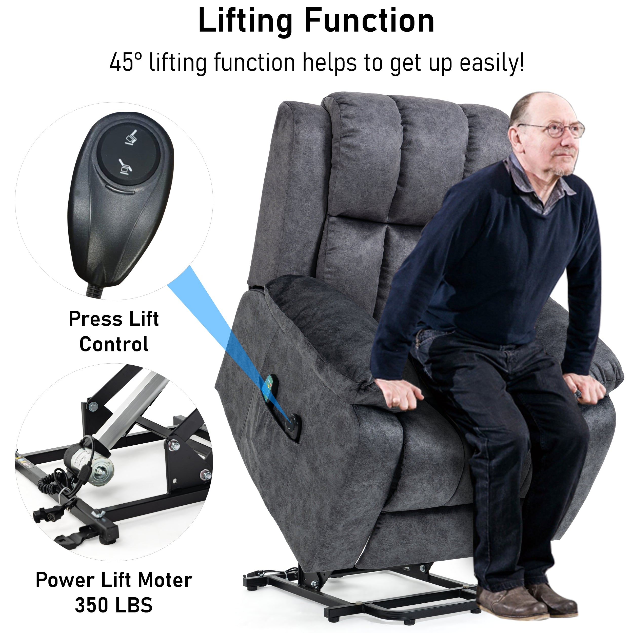 Electric recliner massage armchair 45-degree lifting function,power lift motor supporting 350 lbs.