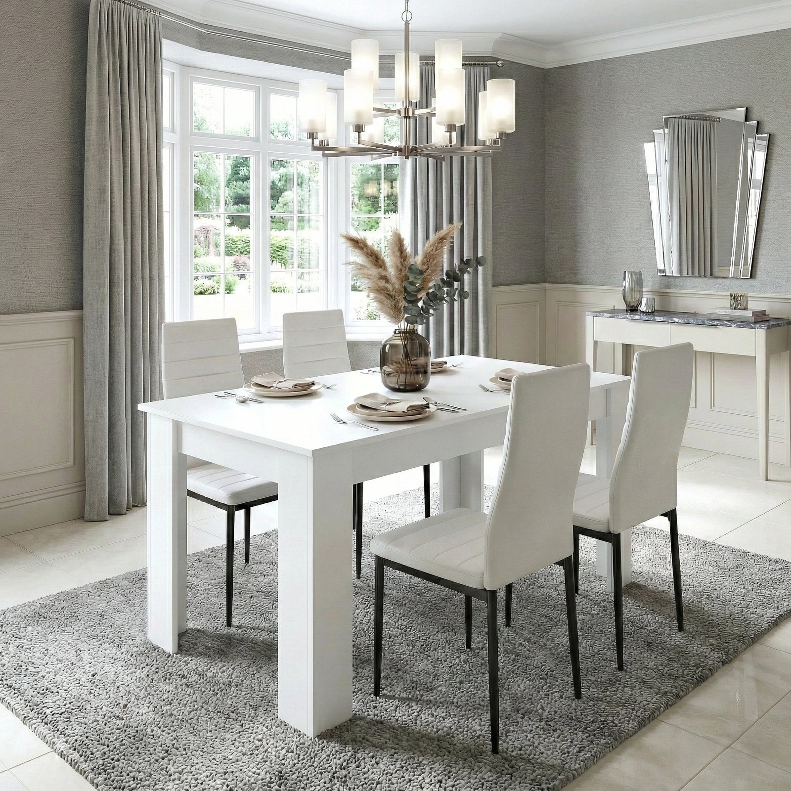 [4 Seater | White] White 4-6 Seater Dining Table and Chairs Set positioned in a formal dining hall under a silver chandelier beside large windows and a marble console table