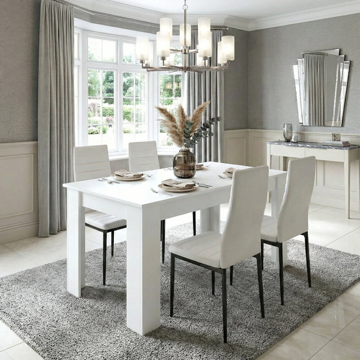 [4 Seater | White] White 4-6 Seater Dining Table and Chairs Set positioned in a formal dining hall under a silver chandelier beside large windows and a marble console table