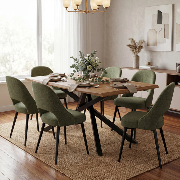 [6 Seater | Green] Xylon oak dining table with 6 green curve-back chairs and drum pendant light above