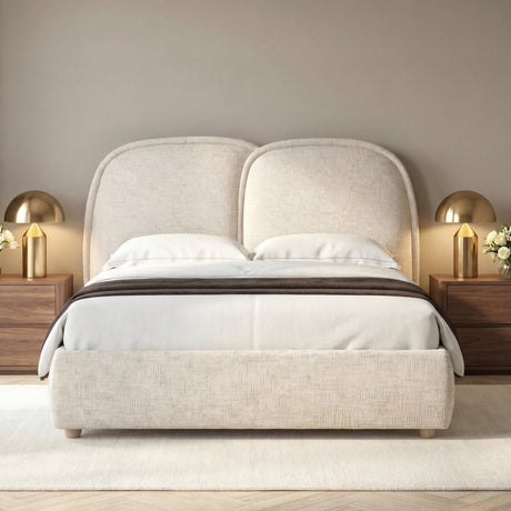 [Double | Beige] Puffed headboard bed from the front with linen fabric and wooden ball feet on textured rug
