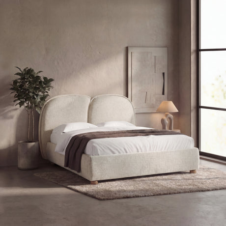 [Double | Beige] Hotel-style bed from the side with fiddle leaf plant and sculptural lamp in textured room