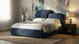 [Double | Blue] Dark blue Embrea bed frame, curved headboard plus rear cushion, branches in vase