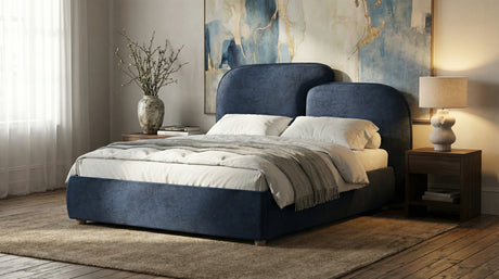 [Double | Blue] Dark blue Embrea bed frame, curved headboard plus rear cushion, branches in vase