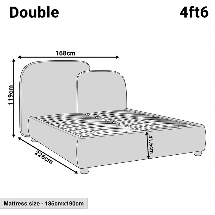 [Double | Beige] Dimensions diagram Double 4ft6 Embrea bed, 168 x 226 x 119cm, 41.5cm base