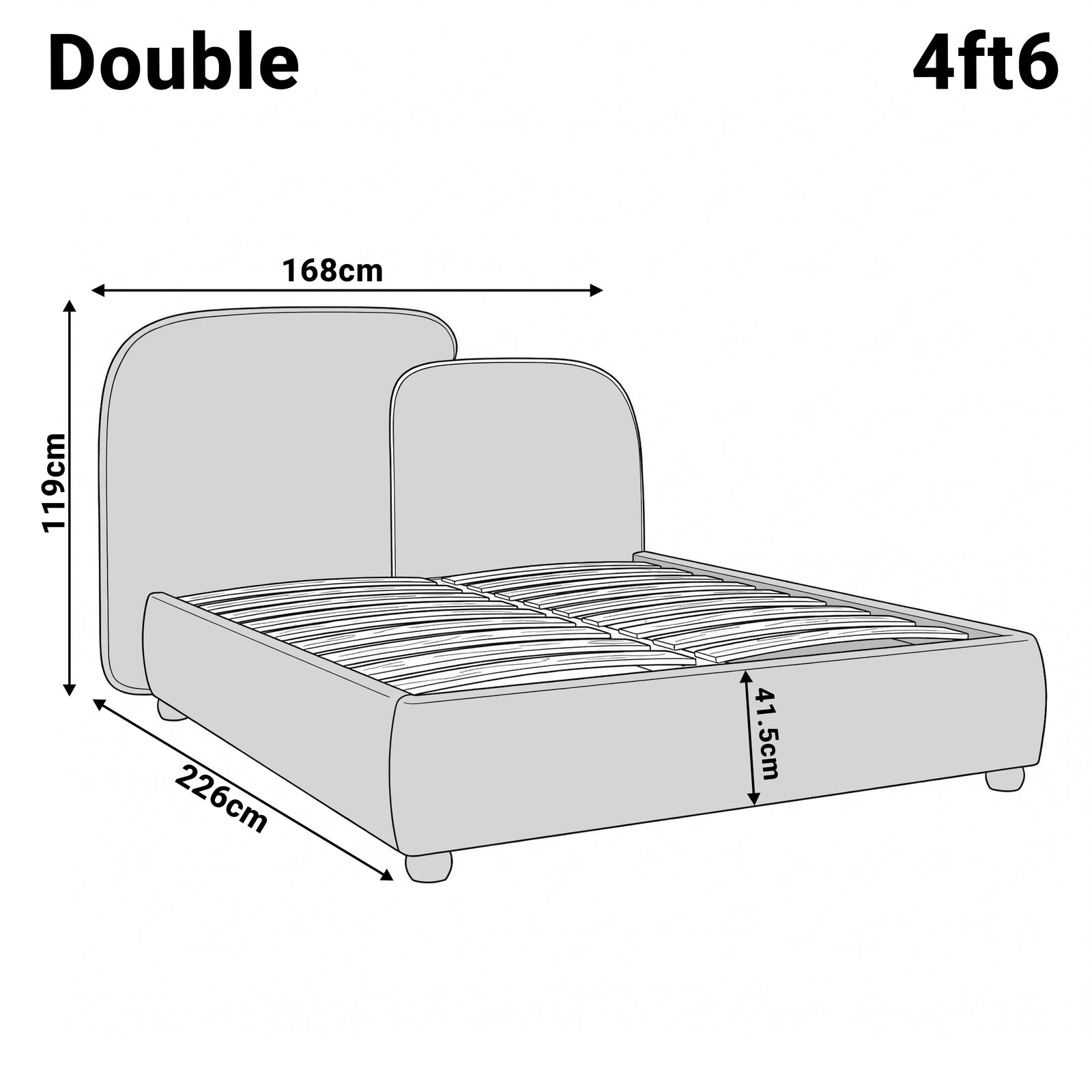 [Double | Beige] Dimensions diagram Double 4ft6 Embrea bed, 168 x 226 x 119cm, 41.5cm base