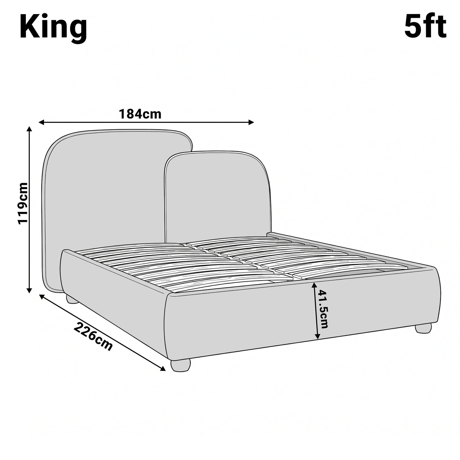 [King | Blue] Dimensions diagram King 5ft Embrea bed, 184 x 226 x 119cm, 41.5cm base