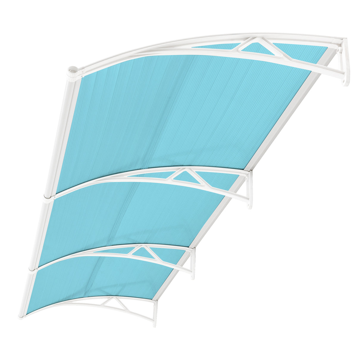 Entrance door canopy with blue polycarbonate sheet and white ABS brackets for weather protection.