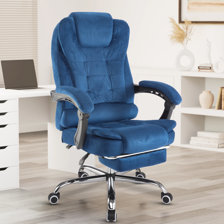 [Blue Velvet] Blue velvet comfy office chair is displayed front-on, designed for maximum comfort during work.