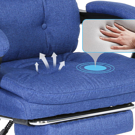 Plush seat inset of the dark blue linen ergonomic chair showing cushioning for all-day comfort.