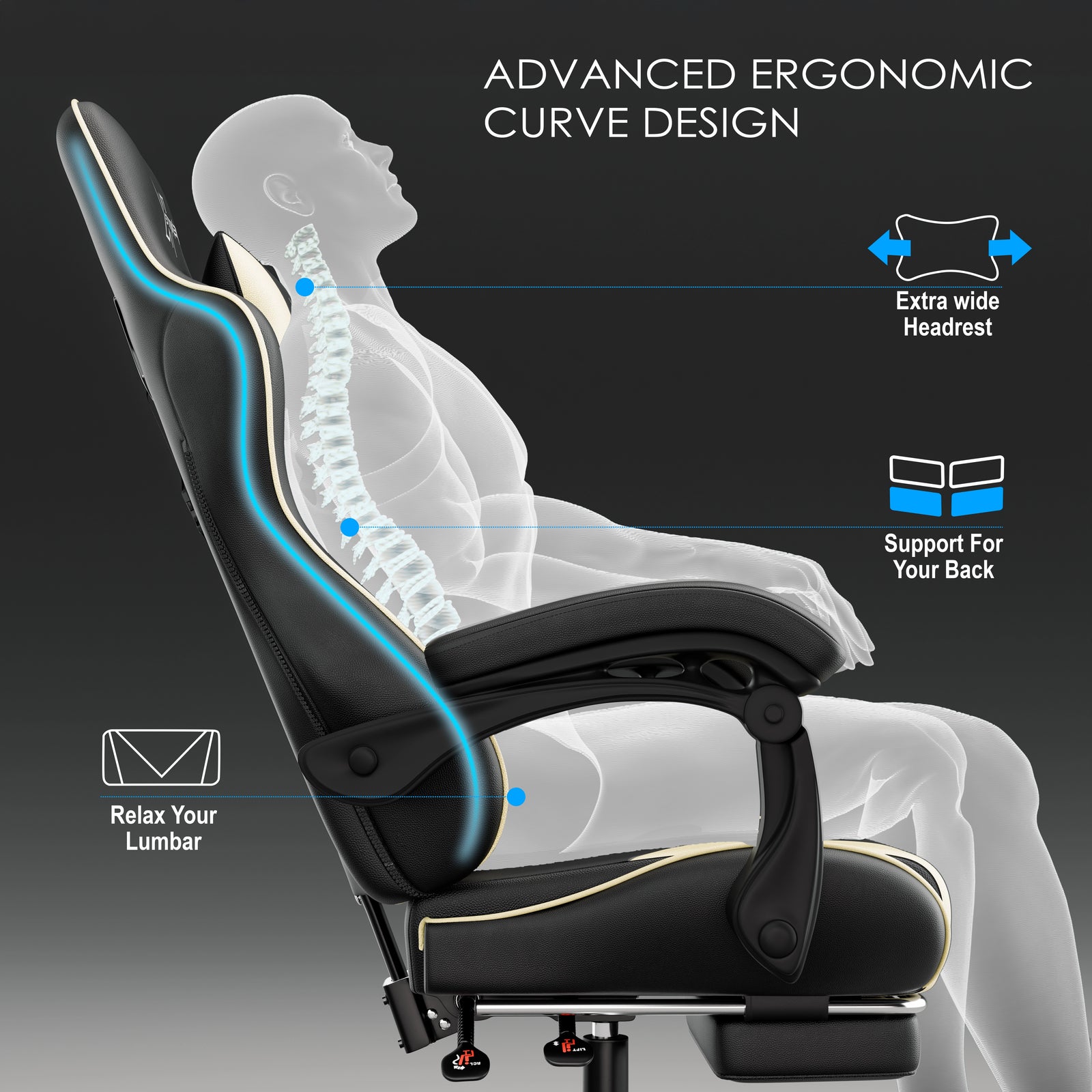 [Black + White] Xstriker reclining gaming chair features advanced ergonomic curve design with extra wide headrest, lumbar support, and back support for posture comfort.