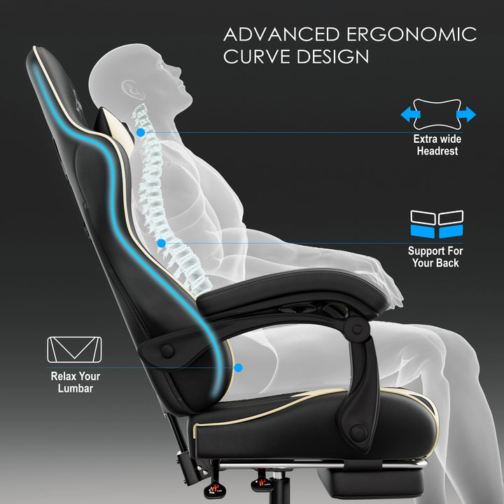 [Black + White] Xstriker reclining gaming chair features advanced ergonomic curve design with extra wide headrest, lumbar support, and back support for posture comfort.