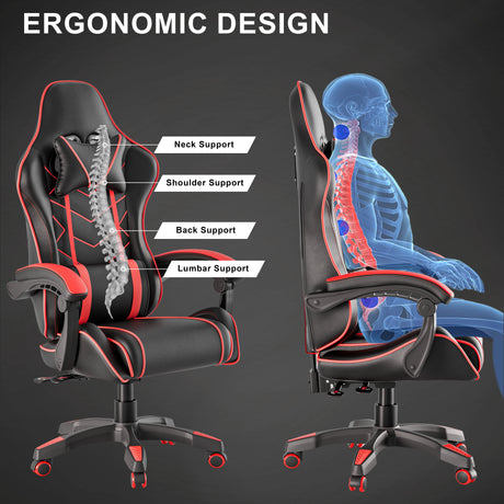 Ergonomic Gaming Chair With Lumbar Support and Padded Armrest | DHS featuring neck, shoulder, back, and lumbar support for posture alignment.