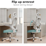 Flip-up arms on this Tiffany Blue and grey desk chair is designed for ergonomic comfort and space saving feature