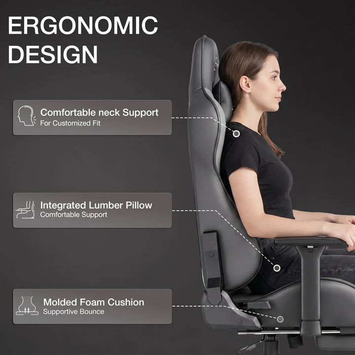 [Dark Grey + Light Grey] Graphic detailing the neck support, integrated lumbar pillow, and molded foam cushion of the gaming chair.